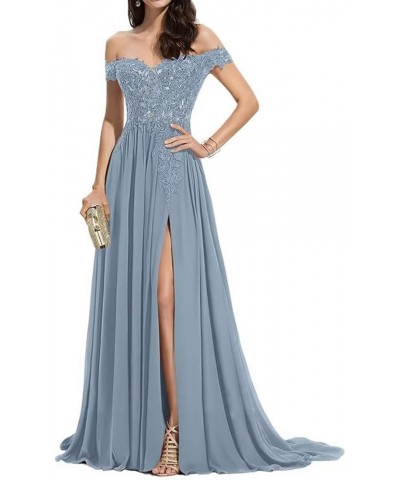 Off Shoulder Prom Dress for Women Laces Chiffon Long Slit Formal Bridesmaid Evening Gown CA07 Dusty Blue $35.42 Dresses