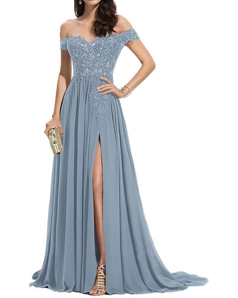 Off Shoulder Prom Dress for Women Laces Chiffon Long Slit Formal Bridesmaid Evening Gown CA07 Dusty Blue $35.42 Dresses