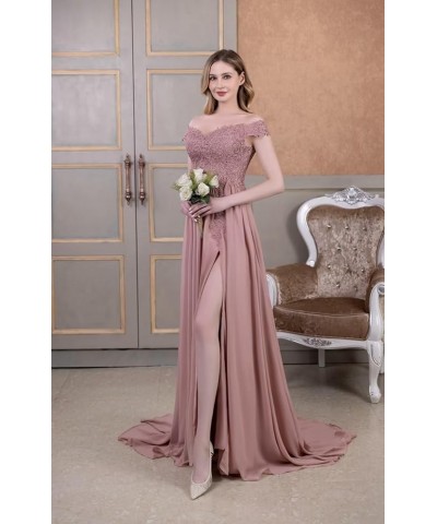 Off Shoulder Prom Dress for Women Laces Chiffon Long Slit Formal Bridesmaid Evening Gown CA07 Dusty Blue $35.42 Dresses