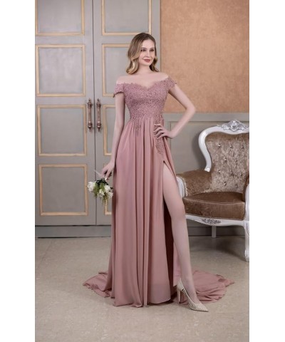 Off Shoulder Prom Dress for Women Laces Chiffon Long Slit Formal Bridesmaid Evening Gown CA07 Dusty Blue $35.42 Dresses