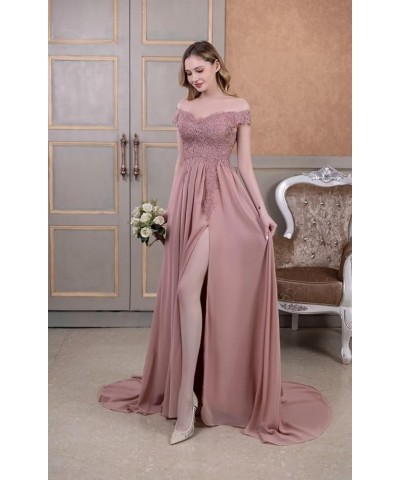 Off Shoulder Prom Dress for Women Laces Chiffon Long Slit Formal Bridesmaid Evening Gown CA07 Dusty Blue $35.42 Dresses