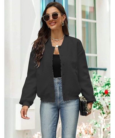 Womens Casual Wool Blend Jacket Fleece Bomber Jacket Button Down Shacket Varsity Jacket with Pockets Black $10.63 Jackets