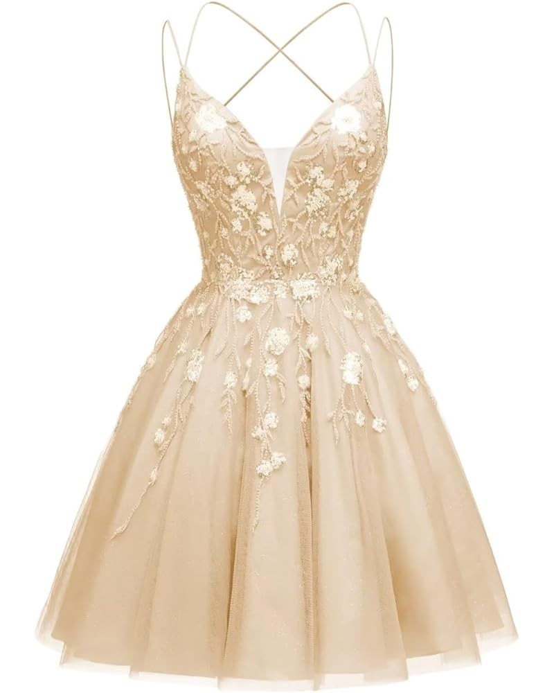 Floral Tulle Homecoming Dresses Sparkly Sequin Applique Short Prom Dress Spaghetti Straps V Neck Formal Gowns Champagne $40.8...