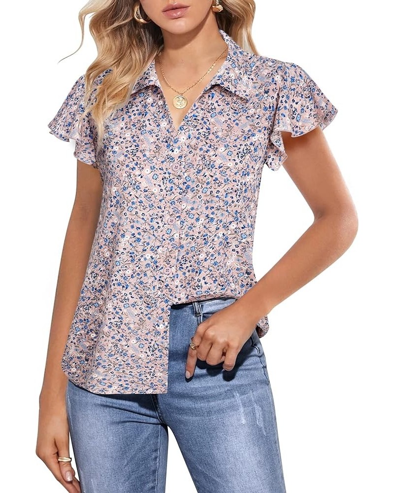 Women's Ruffle Short Sleeve V Neck Collared Button Down Shirts Summer Chiffon Blouse Tops Multi-pink $11.99 Blouses