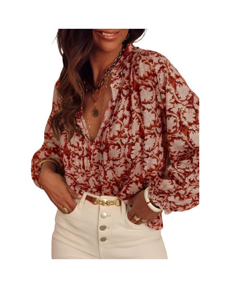 Women's Spring Tops Casual V Neck Long Sleeve Shirts Floral Boho Blouses B Red $13.80 Blouses