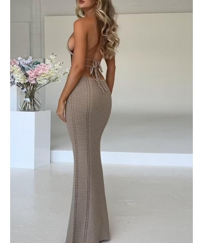 Womens Halter Crochet Dress Summer Sleeveless Backless V Neck Hollow Out Maxi Dress Beach Vacation Dress Khaki $30.33 Dresses