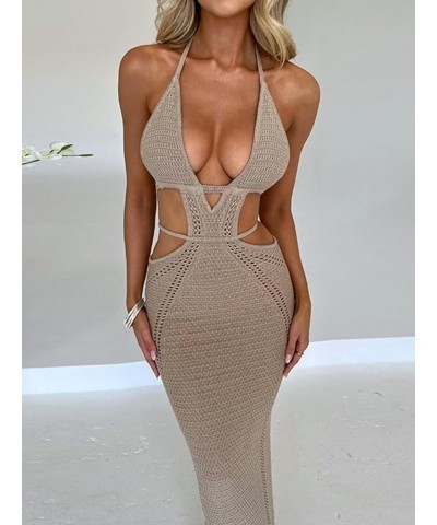 Womens Halter Crochet Dress Summer Sleeveless Backless V Neck Hollow Out Maxi Dress Beach Vacation Dress Khaki $30.33 Dresses