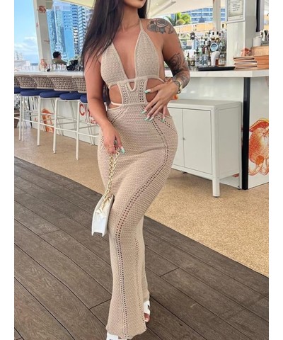 Womens Halter Crochet Dress Summer Sleeveless Backless V Neck Hollow Out Maxi Dress Beach Vacation Dress Khaki $30.33 Dresses