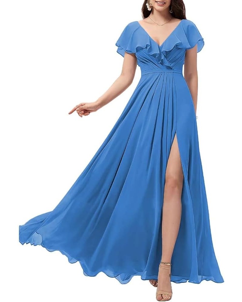 Women's Ruffle Sleeves Bridesmaid Dresses with Slit V-Neck Evening Party Gown Long Chiffon Formal Dress Ocean Blue $32.56 Dre...