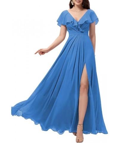 Women's Ruffle Sleeves Bridesmaid Dresses with Slit V-Neck Evening Party Gown Long Chiffon Formal Dress Ocean Blue $32.56 Dre...