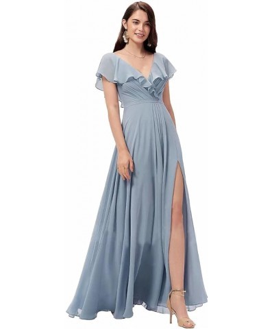 Women's Ruffle Sleeves Bridesmaid Dresses with Slit V-Neck Evening Party Gown Long Chiffon Formal Dress Ocean Blue $32.56 Dre...