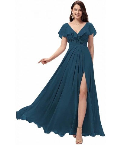 Women's Ruffle Sleeves Bridesmaid Dresses with Slit V-Neck Evening Party Gown Long Chiffon Formal Dress Ocean Blue $32.56 Dre...