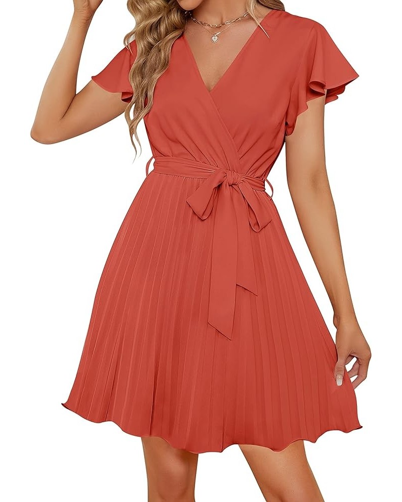 Women's Wrap V Neck Mini Dress 2024 Summer Flutter Sleeve Tie Waist Pleated A Line Swing Wedding Party Short Dresses Rust $26...