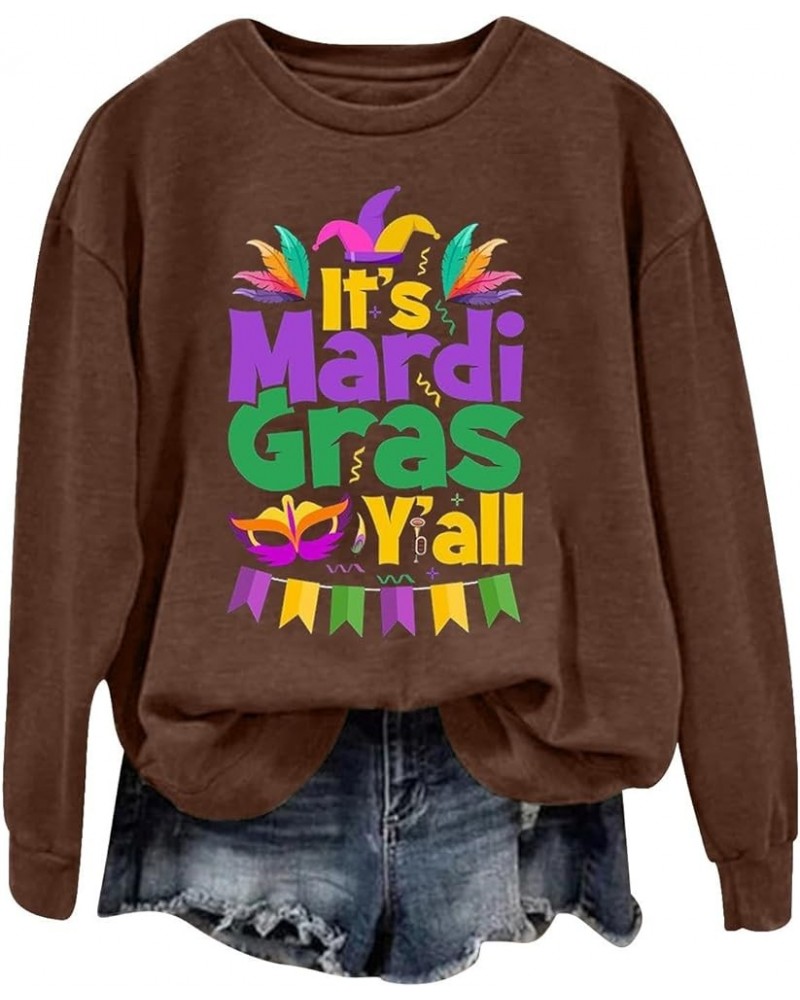 Mardi Gras Outfit for Women Long Sleeve Carnival Print Crew Neck Loose New Party Soft Comfy 2024 Tops D-brown $5.04 Shirts