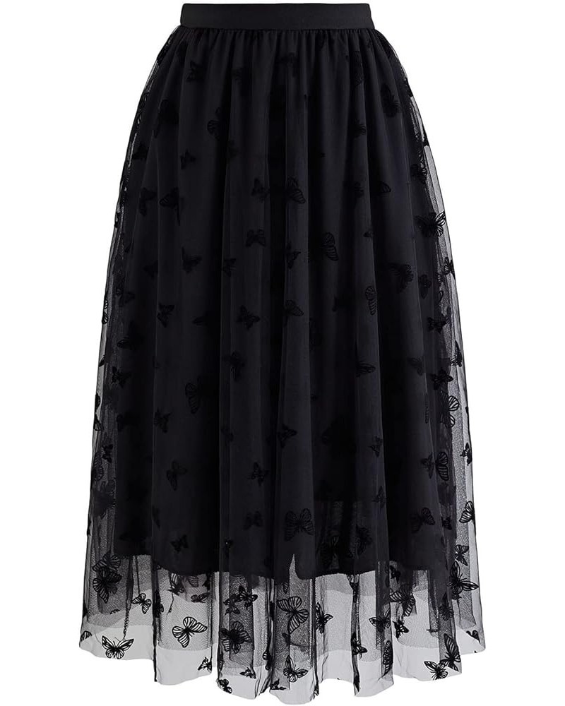 Women's Caramel/Dusty Blue/White/Black 3D Posy Double-Layered Mesh Midi Skirt Black-velvet Butterfly $26.90 Skirts