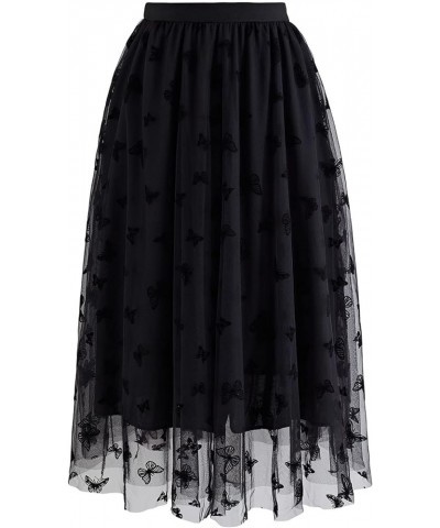 Women's Caramel/Dusty Blue/White/Black 3D Posy Double-Layered Mesh Midi Skirt Black-velvet Butterfly $26.90 Skirts