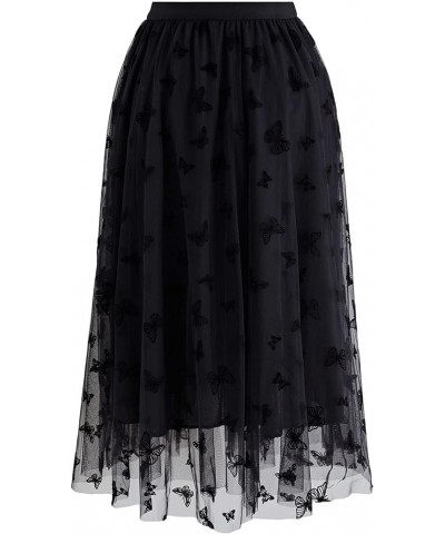 Women's Caramel/Dusty Blue/White/Black 3D Posy Double-Layered Mesh Midi Skirt Black-velvet Butterfly $26.90 Skirts