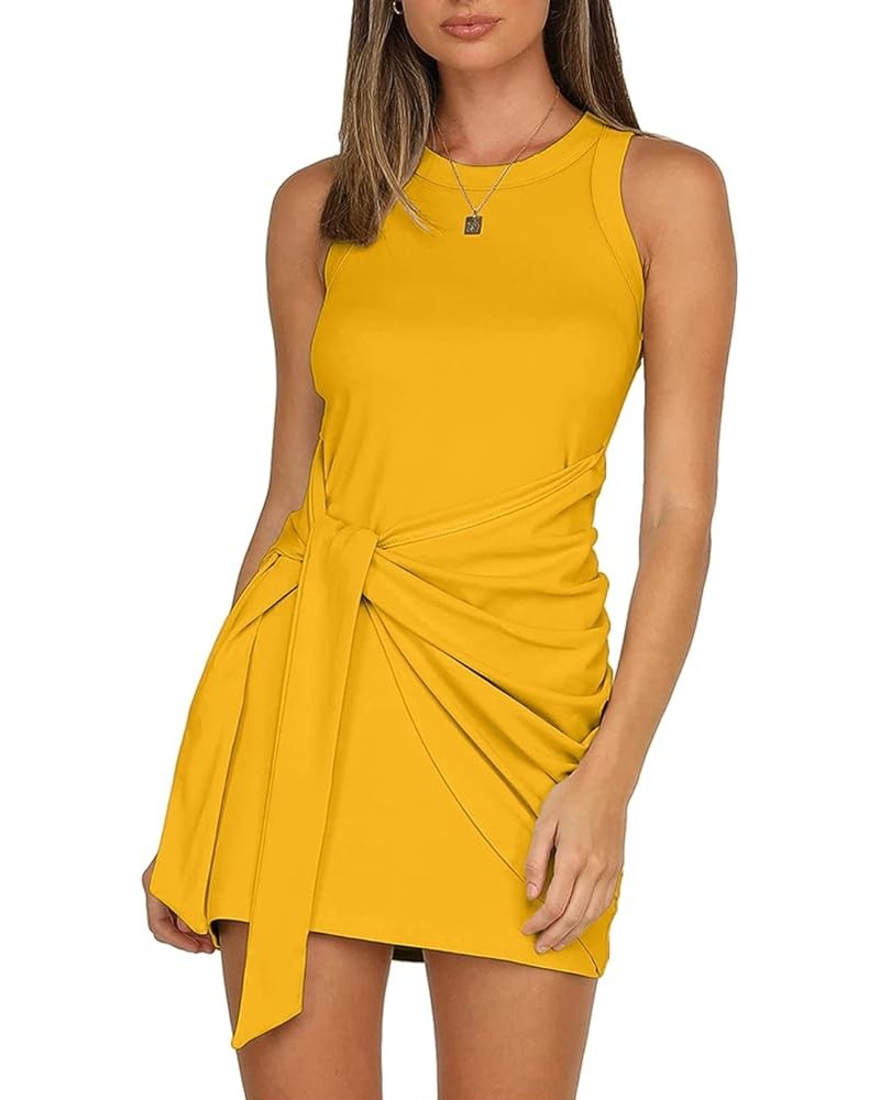 Women's Summer Casual Beach Dress Sleeveless Ruched Tie Tank Bodycon Wrap Mini Dresses Tt/ Yellow $17.91 Dresses