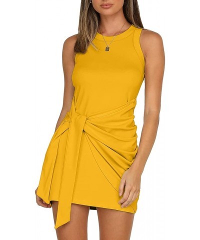 Women's Summer Casual Beach Dress Sleeveless Ruched Tie Tank Bodycon Wrap Mini Dresses Tt/ Yellow $17.91 Dresses