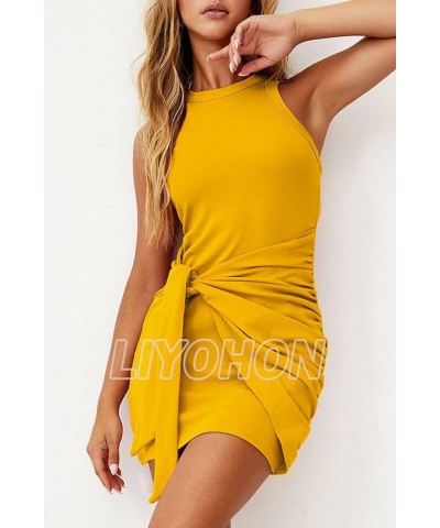 Women's Summer Casual Beach Dress Sleeveless Ruched Tie Tank Bodycon Wrap Mini Dresses Tt/ Yellow $17.91 Dresses