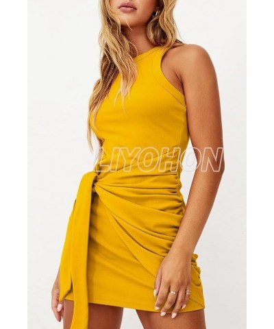 Women's Summer Casual Beach Dress Sleeveless Ruched Tie Tank Bodycon Wrap Mini Dresses Tt/ Yellow $17.91 Dresses