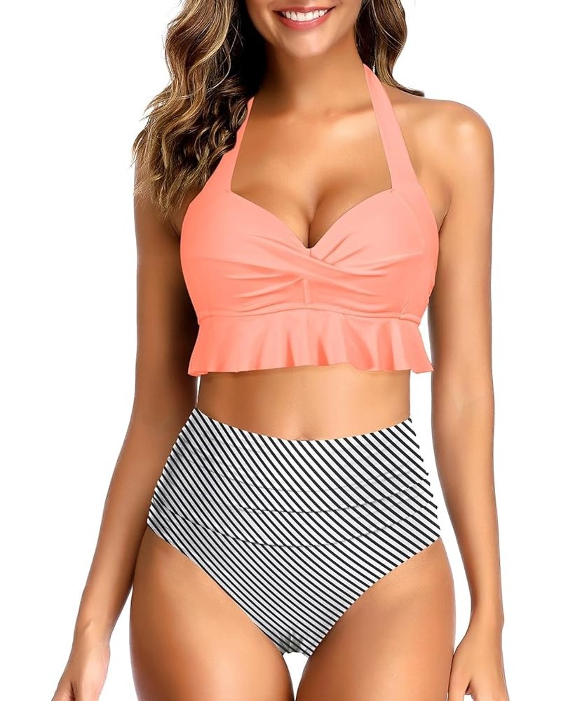 Women Two Piece High Waisted Bikini Sets Halter Push Up Swimsuits Tummy Control Bathing Suits Coral Pink Stripe $20.87 Swimsuits