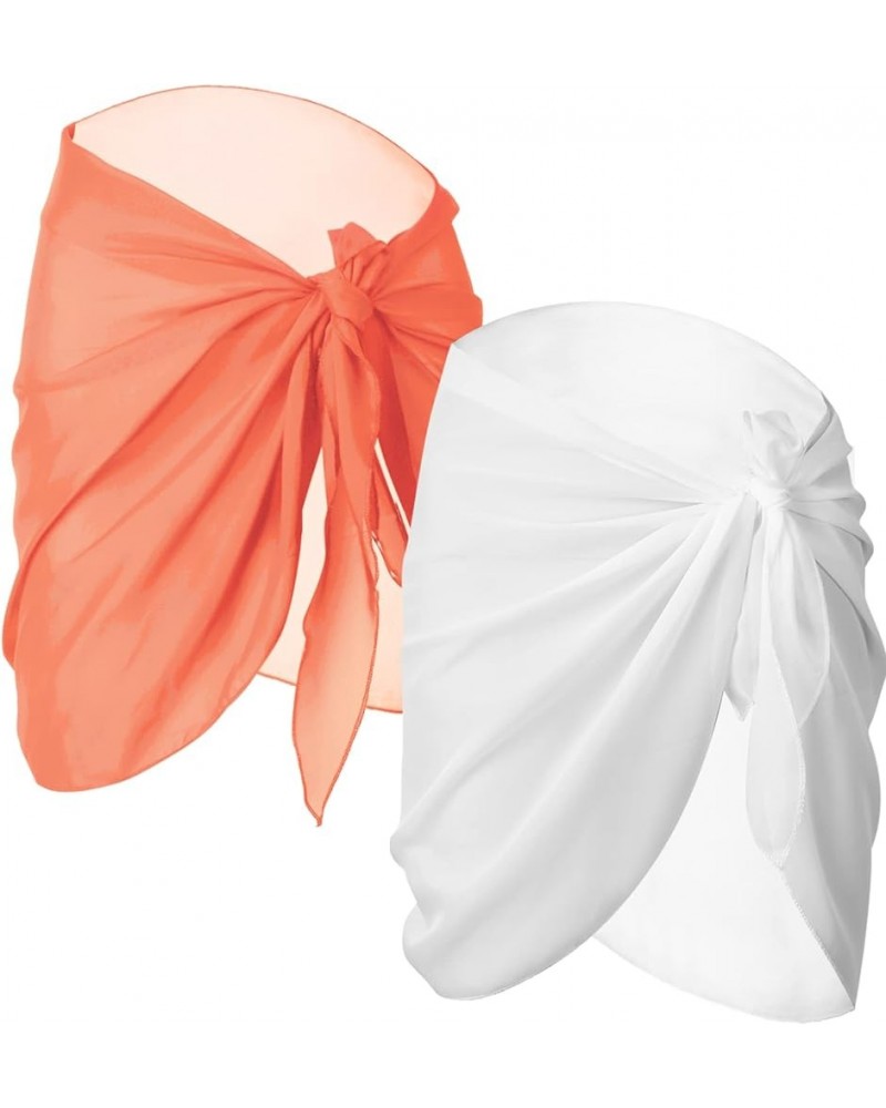 2 Pieces Sarong Coverups for Women Bathing Suit Wrap Swimsuit Skirt Beach Bikini Cover Up Swimwear Chiffon White, Orange $8.8...