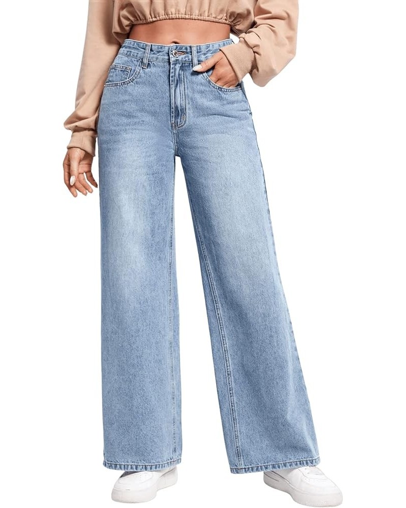 Women's Casual High Waisted Distressed Ripped Jeans Wide Leg Denim Pants Light Blue $13.40 Jeans