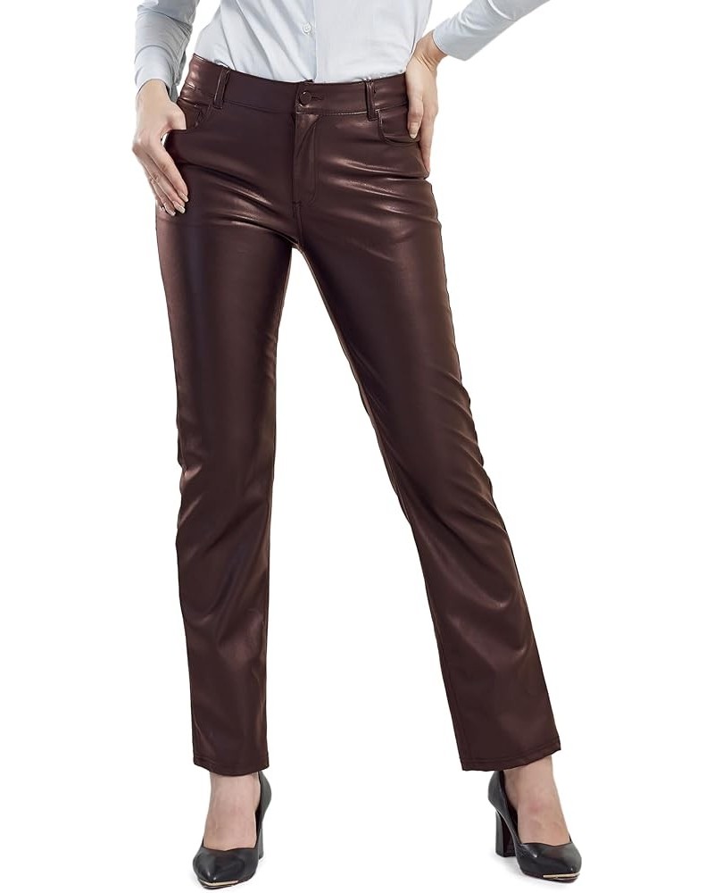 Faux Leather Pants for Women, Straight Leg Mid Waist Butt Lift Elastic Black Pants with 5 Pockets Coffee Brown $30.50 Leggings