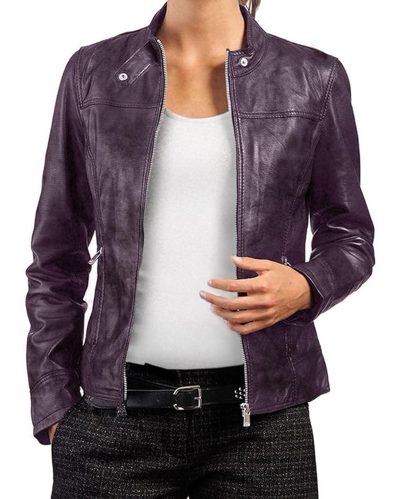 Womens Motorcycle Handmade Slim Fit Genuine Lambskin Leather Racer Jacket Purple $48.60 Coats