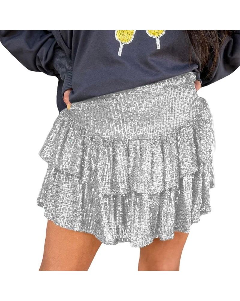 Women's Cute High Waist Mini Sequin Skirt Layered Ruffle Hem Flared Flowy Casual Swing Beach Mini Short Skirt Summer Silver $...