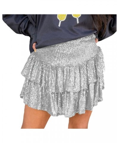 Women's Cute High Waist Mini Sequin Skirt Layered Ruffle Hem Flared Flowy Casual Swing Beach Mini Short Skirt Summer Silver $...