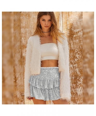 Women's Cute High Waist Mini Sequin Skirt Layered Ruffle Hem Flared Flowy Casual Swing Beach Mini Short Skirt Summer Silver $...