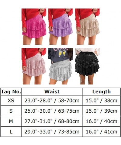 Women's Cute High Waist Mini Sequin Skirt Layered Ruffle Hem Flared Flowy Casual Swing Beach Mini Short Skirt Summer Silver $...