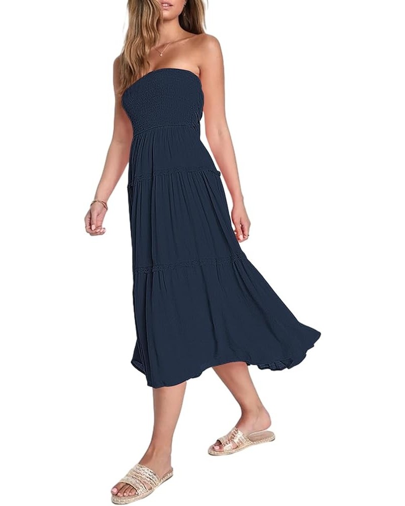 Women Summer Strapless Tube Top Midi Smocked Dress Bow Tie Back Flowy Long Dresses for Women 2023 Navy $17.33 Dresses