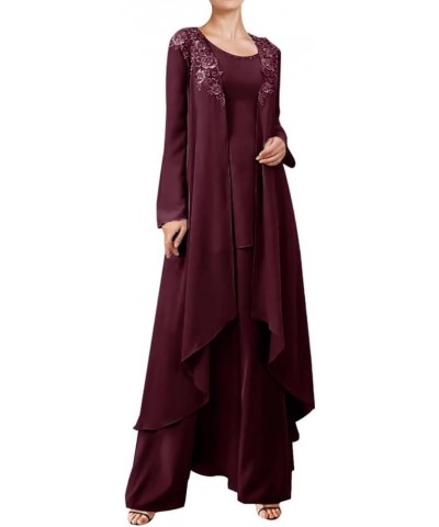 3 Pieces Mother of The Bride Dresses Pant Suits for Wedding Lace Chiffon Long Formal Gown Outfit Set with Jacket Dark Burgund...