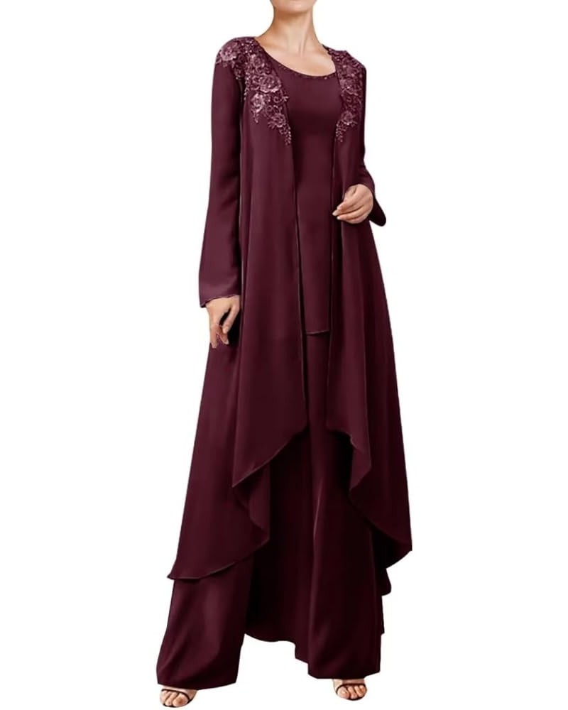 3 Pieces Mother of The Bride Dresses Pant Suits for Wedding Lace Chiffon Long Formal Gown Outfit Set with Jacket Dark Burgund...