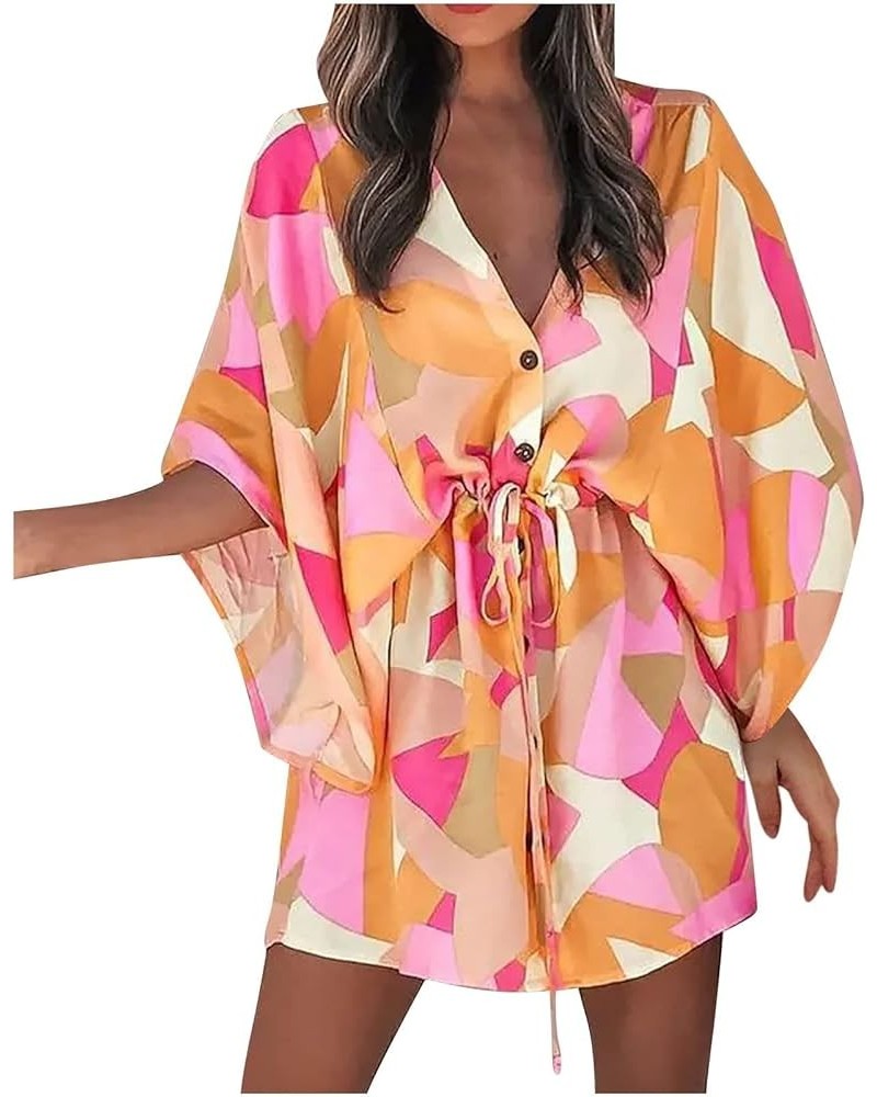 Women's Party Dresses 2022 Dress Boho Print Drawstring Sun Beach Dress Neck Dress Dress Dresses Plus Size Pink $8.95 Dresses