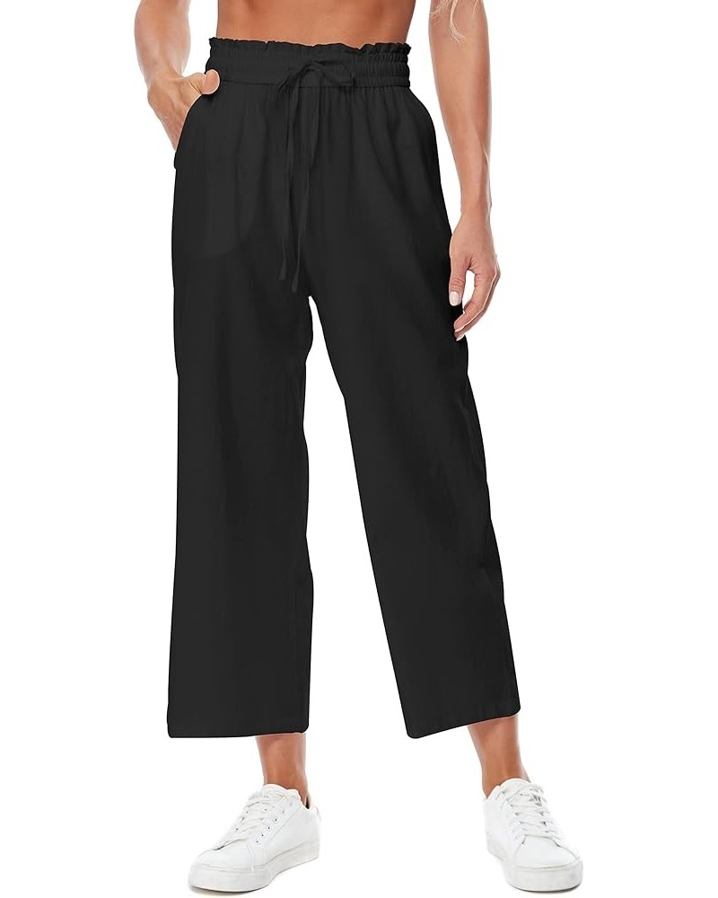 Womens Linen Wide Leg Pants High Waisted Drawstring Baggy Loose Beach Trousers with Pockets Black-50% Linen $21.44 Pants