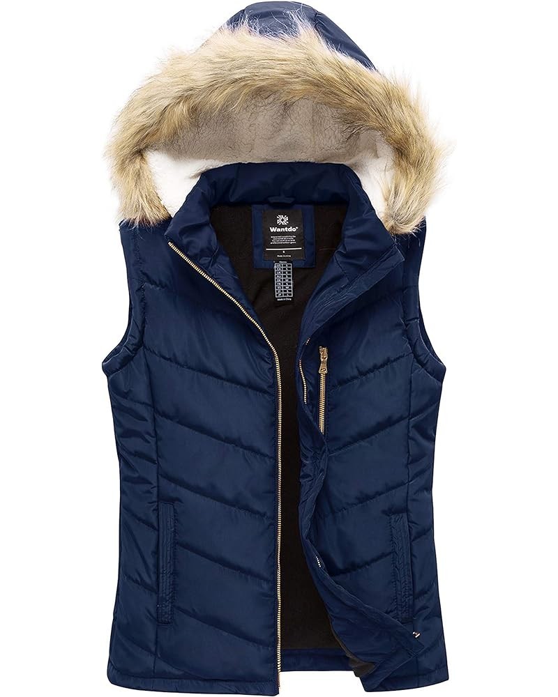 Women's Thicken Winter Vest Warm Puffer Vest with Removable Fur Hood Navy $24.08 Vests