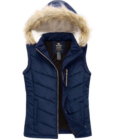 Women's Thicken Winter Vest Warm Puffer Vest with Removable Fur Hood Navy $24.08 Vests