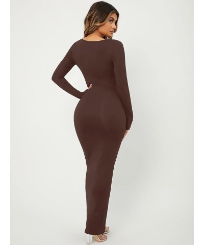 Women's Solid Long Sleeve Scoop Neck Bodycon Pencil Maxi Dress Coffee Brown $20.21 Dresses