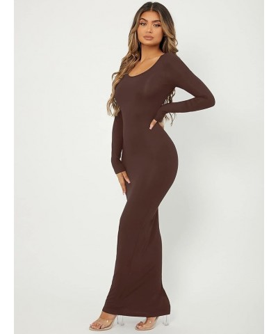 Women's Solid Long Sleeve Scoop Neck Bodycon Pencil Maxi Dress Coffee Brown $20.21 Dresses