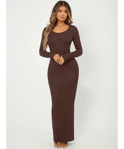 Women's Solid Long Sleeve Scoop Neck Bodycon Pencil Maxi Dress Coffee Brown $20.21 Dresses