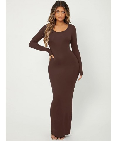 Women's Solid Long Sleeve Scoop Neck Bodycon Pencil Maxi Dress Coffee Brown $20.21 Dresses