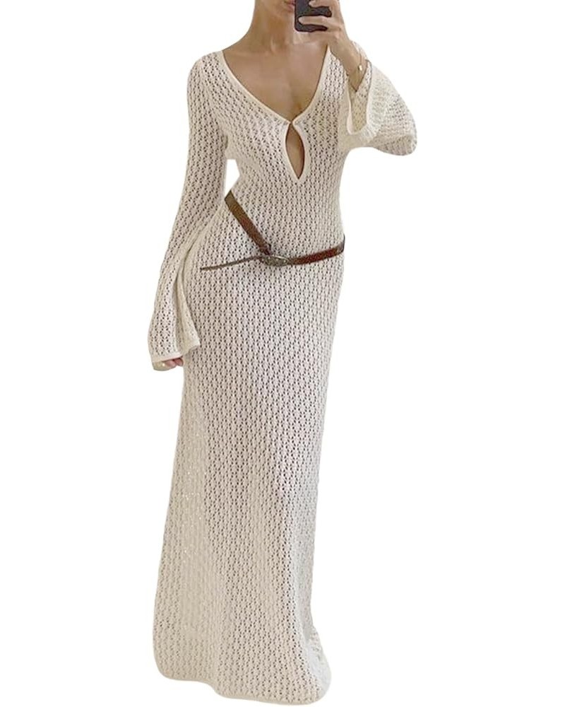 Women Ribbed Knit Long Sleeve Maxi Dress Crew Neck Bodycon Pencil Long Dress Tie Waist Dress Clubwear Low Out 886- White $12....