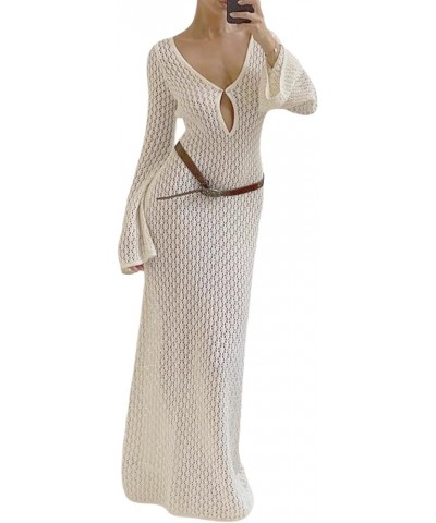 Women Ribbed Knit Long Sleeve Maxi Dress Crew Neck Bodycon Pencil Long Dress Tie Waist Dress Clubwear Low Out 886- White $12....