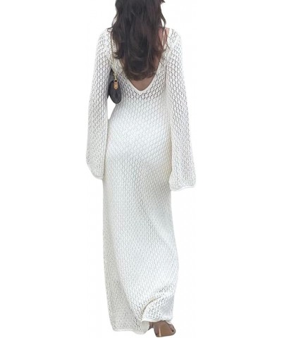 Women Ribbed Knit Long Sleeve Maxi Dress Crew Neck Bodycon Pencil Long Dress Tie Waist Dress Clubwear Low Out 886- White $12....