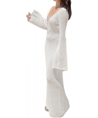 Women Ribbed Knit Long Sleeve Maxi Dress Crew Neck Bodycon Pencil Long Dress Tie Waist Dress Clubwear Low Out 886- White $12....