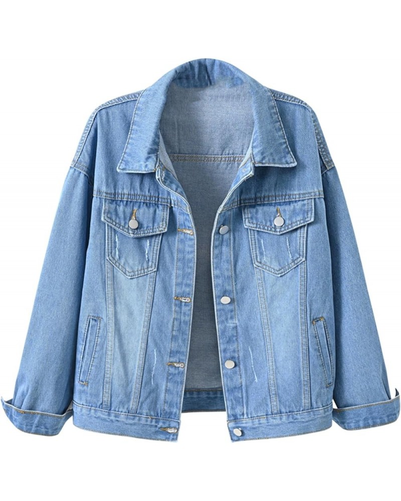 Women Denim Jackets Oversized Distressed Spring Fall Lapel Long Sleeve Lightweight Button Jean Coat Plus Size Shackets A2_lig...